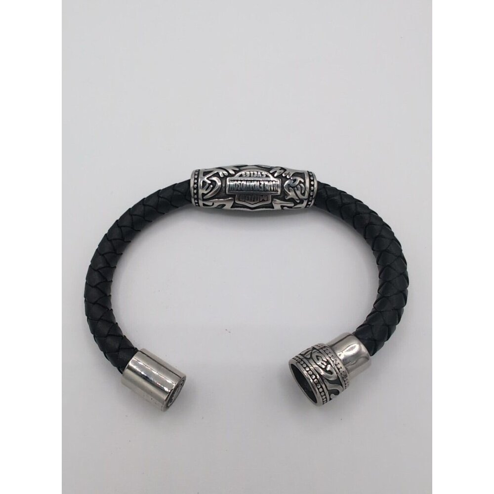 Harley-Davidson Silver Tone Stainless Steel Black Leather Wrist Band Bracelet - Picture 3 of 3